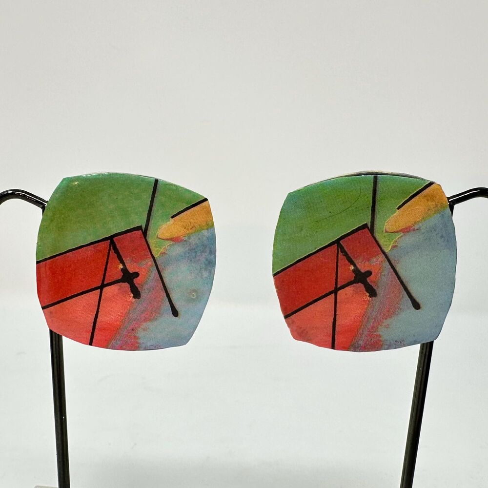 Vintage 80s Bold Abstract Geometric Earrings Colorful Modernist Art Studs
